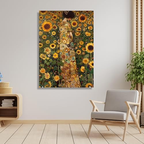 Tableau Klimt Femme dans un champ de tournesols toile vintage 30x40cm