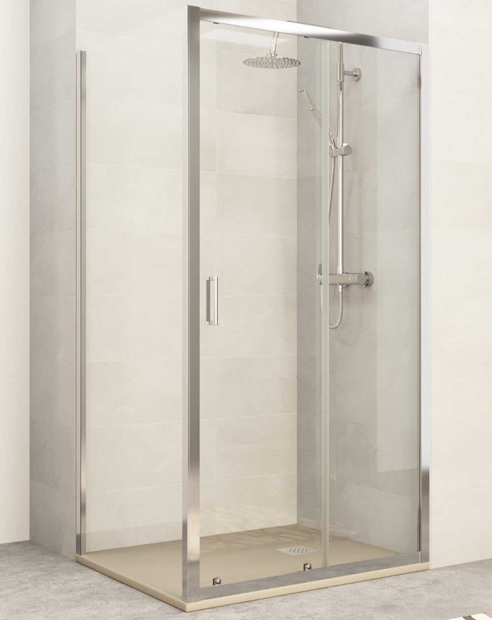 Mampara Ducha Rectangular Frontal Corredera 1 puerta 2 fijos | Vidrio 5mm Antical Transparente| Perfil Cromo 100cm (Adaptable 98.7-102.7) x 70cm