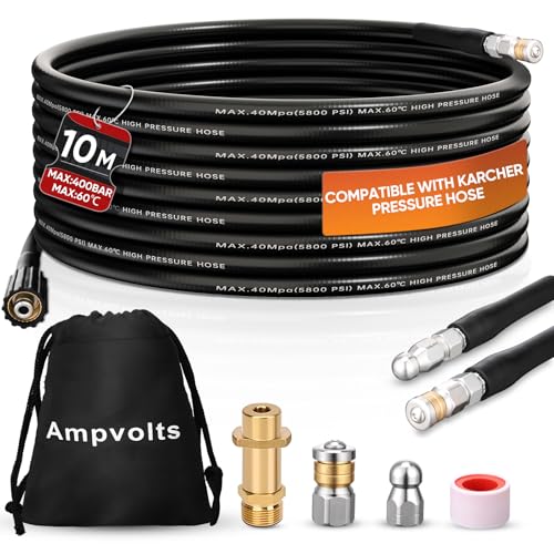 Ampvolts Manguera de limpieza de tuberías de 10 m con adaptador de latón – 400 Bar/5800 PSI, compatible con limpiadoras a presión Karcher K2 K3 K4 K5 K6 K7, para desatascar desagües