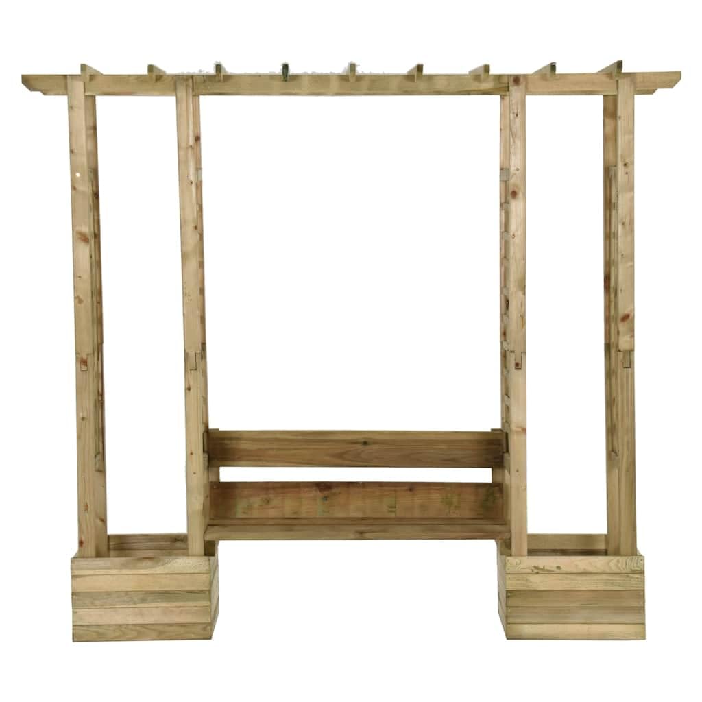 Pérgola de pino macizo con banco y dos macetas para plantas trepadoras, arco de jardín impregnado como zona de estar