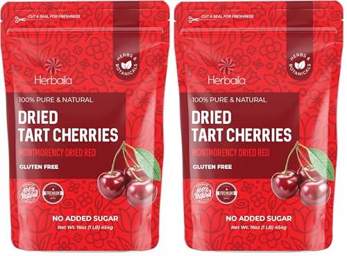 Herbaila Dried Cherries Tart Cherry, Montmorency Tart Cherries, Dried Sour Cherries Fresh, Montmorency Dried Tart Cherries, Dried Cherries, All-Natural Whole Sour Cherry (1lb) (Pack of 2)