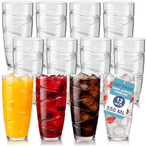 HEFTMAN Juego de 12 vasos de plástico acrílico de 550 ml con diseño en espiral, apilables, reutilizables, para jardín, picnic, camping, barbacoas, fiestas o uso diario (transparentes)