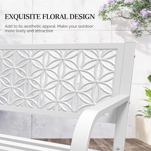 Image of VINGLI 50 inch Outdoor Bench Metal with Floral Back, Garden Bench Front Porch Bench for Yard Patio Entryway Park Outside, 800lb Capacity - White