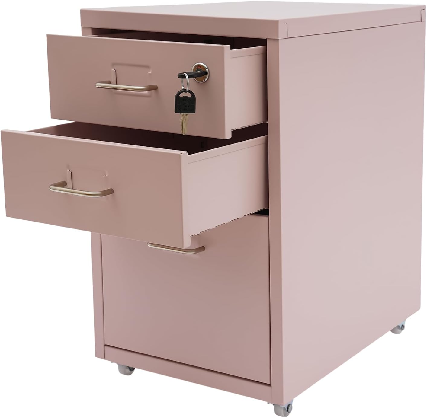 3 Drawer File Cabinet Rolling Locking Files Cabinets with Wheels Vertical Mobile Metal Filing Cabinet Under Desk File Storage Organizer for Home Office (White) (Pink)