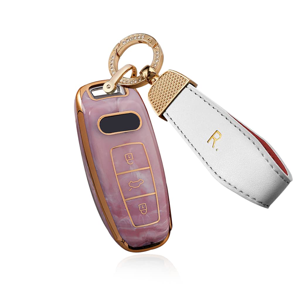SANRILY Golden-edge Jade Pattern Key Fob Cover for Audi Q7 2021 2020 Q8 A8 A6 A7 Etron,RS3 A3 Sportback 2022 Accessories With Leather Keychain Keyless Smart Key Case Shell Pink