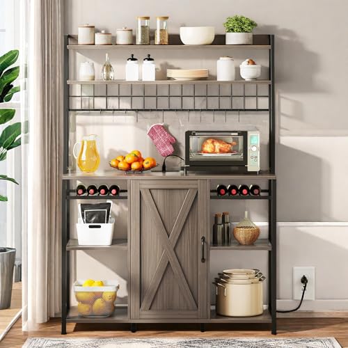 Image of YITAHOME Large Bakers Rack with Power Outlet and Storage Cabinet, 47 Inch Farmhouse Coffee Bar Cabinet, Kitchen Microwave Stand with Wine Shelves and 12 Hooks, Grey