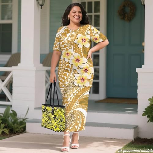 Image of Polynesian Dress for Women Short Sleeve High Waist Maxi Skirt | Puletasi dress, t-shirt and skirt two-piece, elastic material, lightweight, soft, plus size, luau party, wedding, clubwear