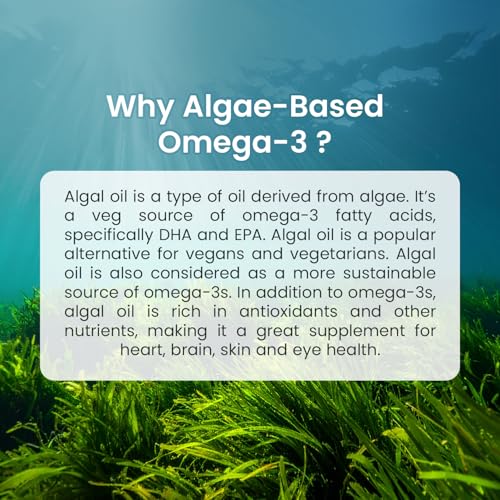 Image of Neuherbs Deep-Sea Veg Omega 3 Supplement | 1000mg Algal Oil | Omega3 Vegetarian Capsules | Supports Heart, Brain, Skin & Bone Health | 100% RDA Vitamin D3 & E | Heavy Metals Tested - 60 Veg Softgels