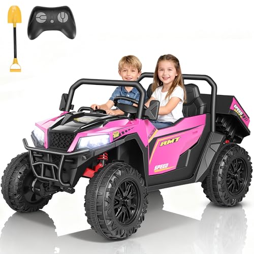 FUNTOK 24V 2 Seater Ride On UTV Toys for Big Kids, 4WD XL Ride-on Dump Truck w/Remote Control, 4x200W Motors, Motorized Dump Bed, Soft Start, 5 MPH, Lights, Bluetooth, Drivable Cars for Kids (Pink)