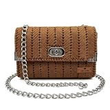 Bolsa de Tela Feminina Artesanal Feita à Mão, Modelo Transversal com Alça em Corrente e Fecho Metálico (Caramelo)
