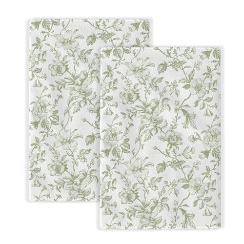 Image of Sage Green Floral Kitchen Towels Light Green Flower Chinoiserie Dish Towels, 16x24 Inch Seasonal Spring Summer Toile Decoration Absorbent Hand Towels for Home Kitchen Dinner Drying Set of 2