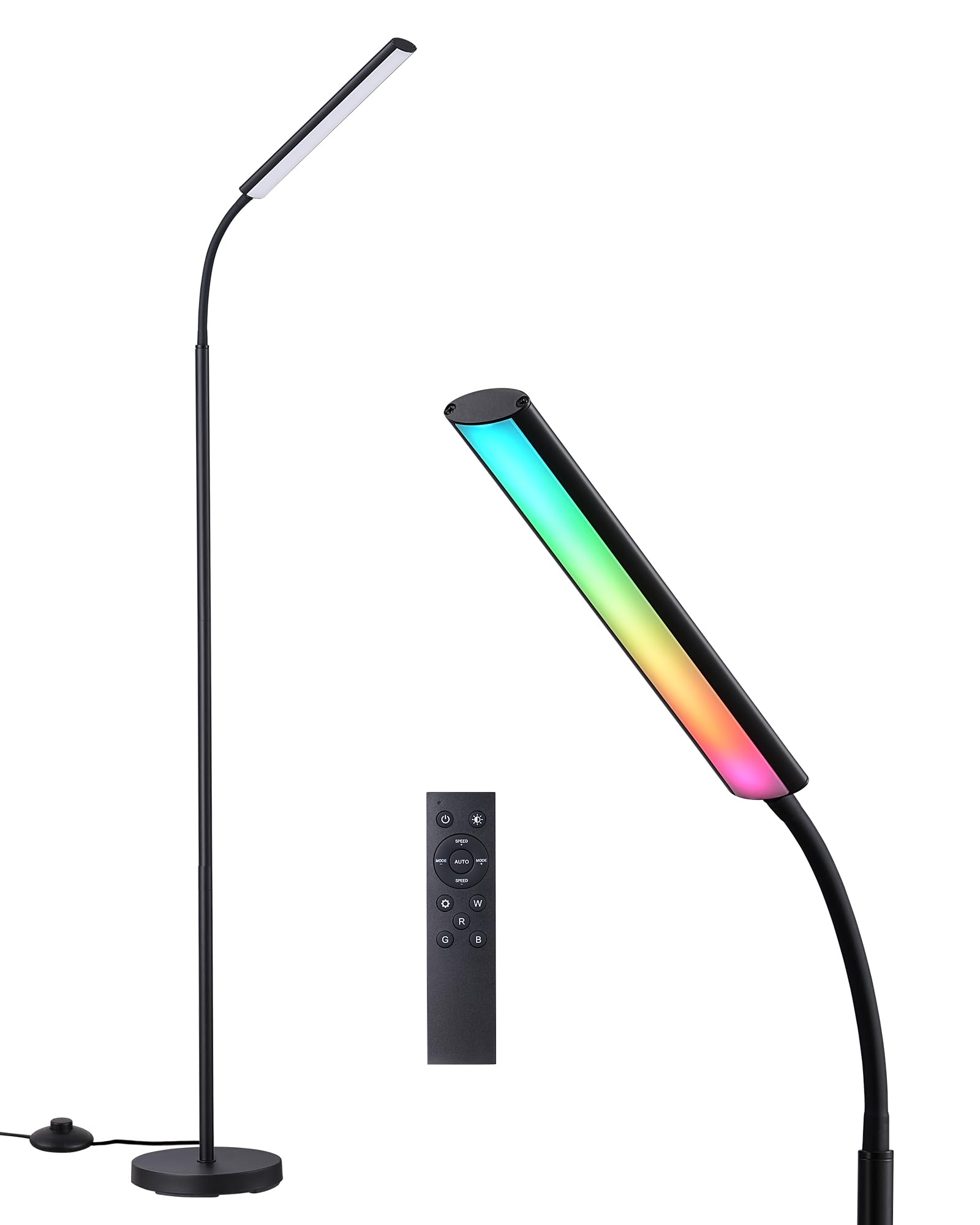 EDISHINE LED Floor Lamp, RGB Mod & 3000K Warm Light with Stepless Dimming, Flexible Gooseneck, Remote Control, Standing Lamp for Living Room, Reading, Bedroom, Black