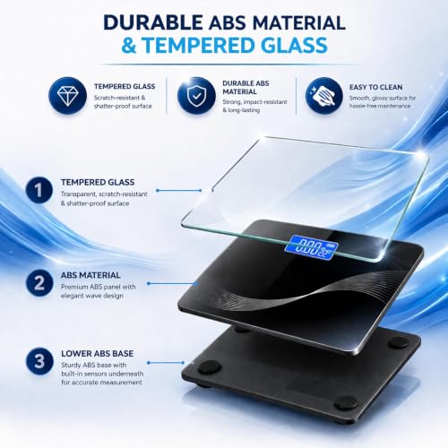 Image of Digital Body Weight Scale with LCD Display, Tempered Glass Platform, Floral Pattern, Accurate Bathroom Weighing Machine, Black (Flora Wave)
