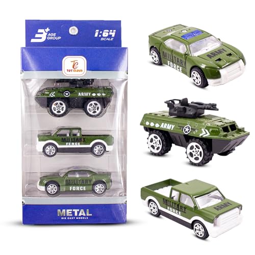 Image of Toy Cloud Free Wheel Die-Cast Metal Military Vehicle Set of 3, 1:64 Scale Model Vehicles Toys (Armored Truck, Pick-Up Truck, and Sports Car)