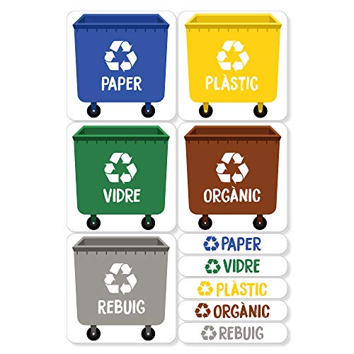 5 Etiquetes Adhesives per al Reciclatge d'Escombraries (Català). Adhesius per a la gestió de residus. Cadascuna de 4,8 x 4,8 cm.