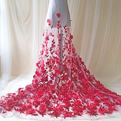 Tela de encaje floral 3D con flores de tul bordado de gasa para boda, vestido de graduación, 59 pulgadas, 1 yarda (rojo)