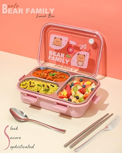 Image of Brand Conquer Lunch Box Leak-Proof BPA Free Stainless Steel for School, Lunch Box for School & Office with a Fork, a Spoon and a Pair of Chopsticks (Pink, Bear Family 3 Compartment)