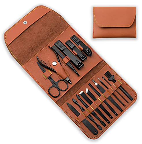 Shyme manicure set,16 Pieces Pedicure Kit Nail Clipper Set,Manicure Kit for Men and Women,Nail Care Tools with Travel Case (Brown)