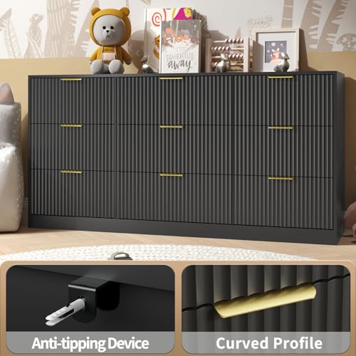 Image of Dresser for Bedroom with 9 Drawer, 63 inch Long Black Dresser Modern Chest of Drawers with Metal Handle, Wood TV Stand Storage Organizer for Bedroom, Living Room, Black