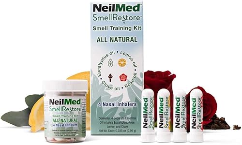 NeilMed Restauración del olor kit de entrenamiento de olores totalmente naturales con 4 inhaladores de aceites esenciales separados. eucalipto,