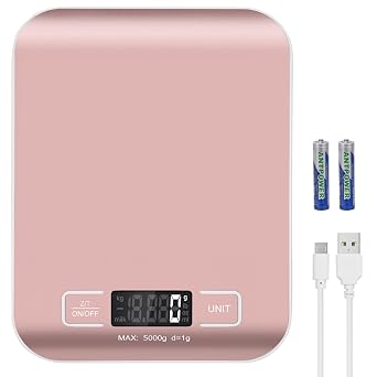 Kitchen Food Digital Scale Portable Postal Scale for Small Business Packages, Food, Handmade Goods, Liquids, with Large LCD Display High-Precision 1g Accuracy Rose Gold Rechargeable5kg/1g