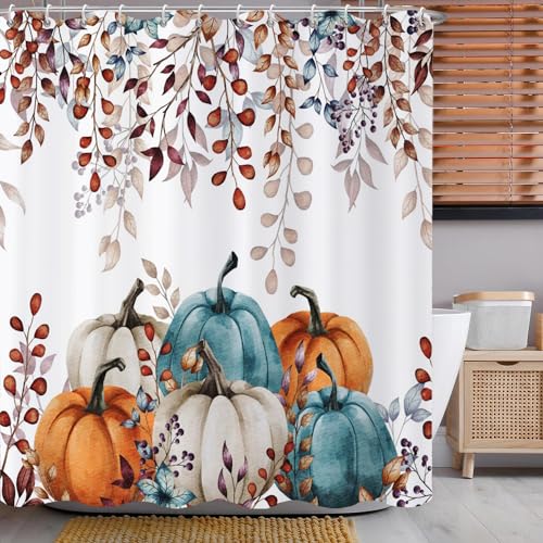 Caheansi Fall Shower Curtain Watercolor Autumn Leaves Pumpkins Harvest Fruits Thanksgiving Day Bathroom Curtain Waterproof Fabric Machine Washable with Hooks 72 Wx72 L