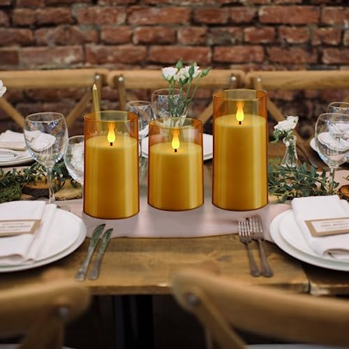 Nimiko Flameless Candles with Remote, LED Pillar Candles with 10-Key Remote Control and 2/4/6/8H Timer, Single Battery Operated Candles for Party Home Decor Set of 3 (D3 *H4 5\" 6\")(Gold)