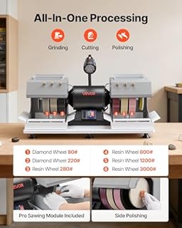 VEVOR Cabbing Machine, 8" 3/4 HP 1800 RPM Efficient, Lapidary Rock Grinder Polisher with Diamond and Resin Wheels, LED Lamp, Water System, Lapidary Equipment for Gemstone Grinding, Stone Polishing