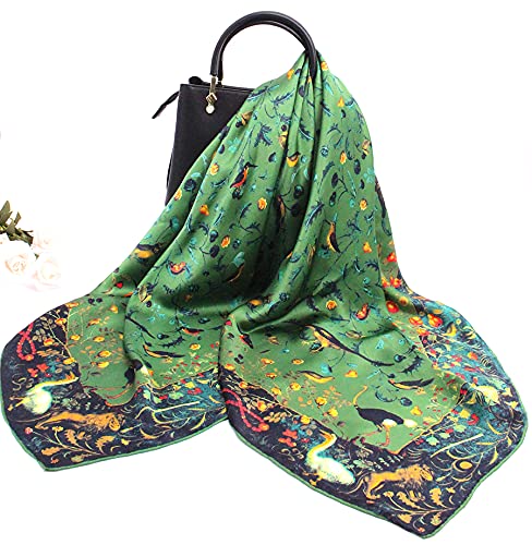 Andantino 100% Pure Mulberry Silk Scarf 43" Large Square Lightweight Headscarf& Shawl–Women Hair Wraps-With Gift Packed (Jade Green-Birds) #TOP4