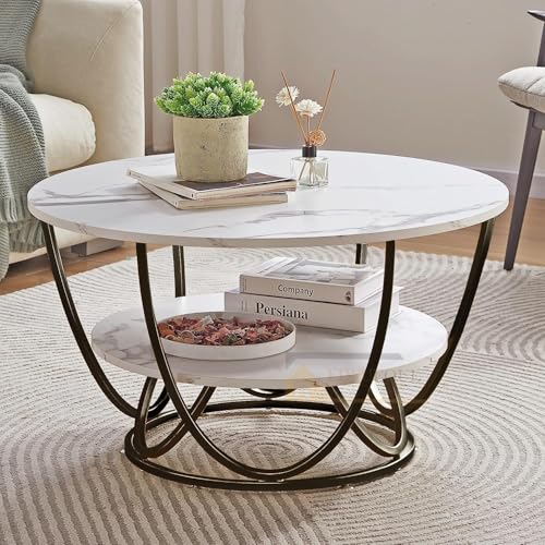 Image of Round Coffee Tables Accent Center Table Sofa Side Tea Table with 2-Tier Storage for Living Room Office Desk Balcony Wood Desktop and Metal Legs (Black and White)