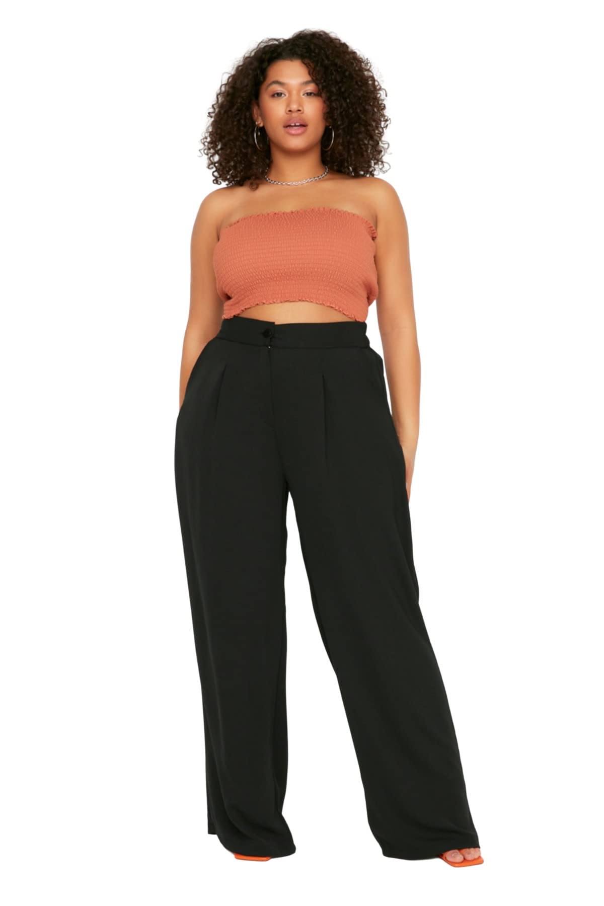Trendyol Woman Große Größen High Waist Wide Leg Wide Leg Plus Size Pants Schwarz