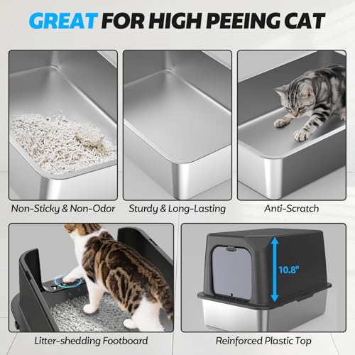 Image of WoofiGo Enclosed Stainless Steel Cat Litter Box with Lid, XL Extra Large Litter Box for Big Cats, Metal Litter Pan High Sided, Never Absorbs Odors, Anti-Urine Leakage, Include Scoop (Dark Grey)