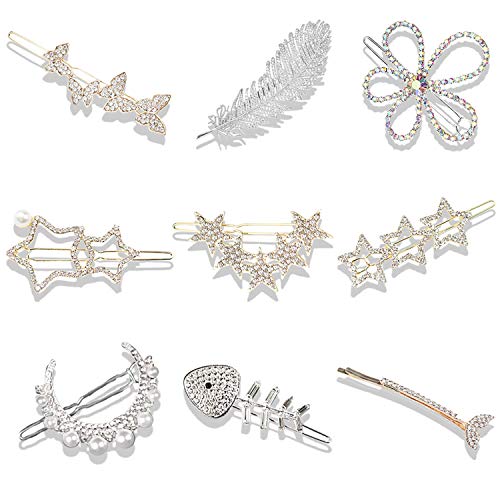 9Pcs Hair Clips Women,Girl Women Butterfly Flowers Feather Fish Bone Fish Tail Moon Star Hair Clips ,Elegant Gold And Silver Hair Accessories,Hair accessories for women Thick Hair Styling