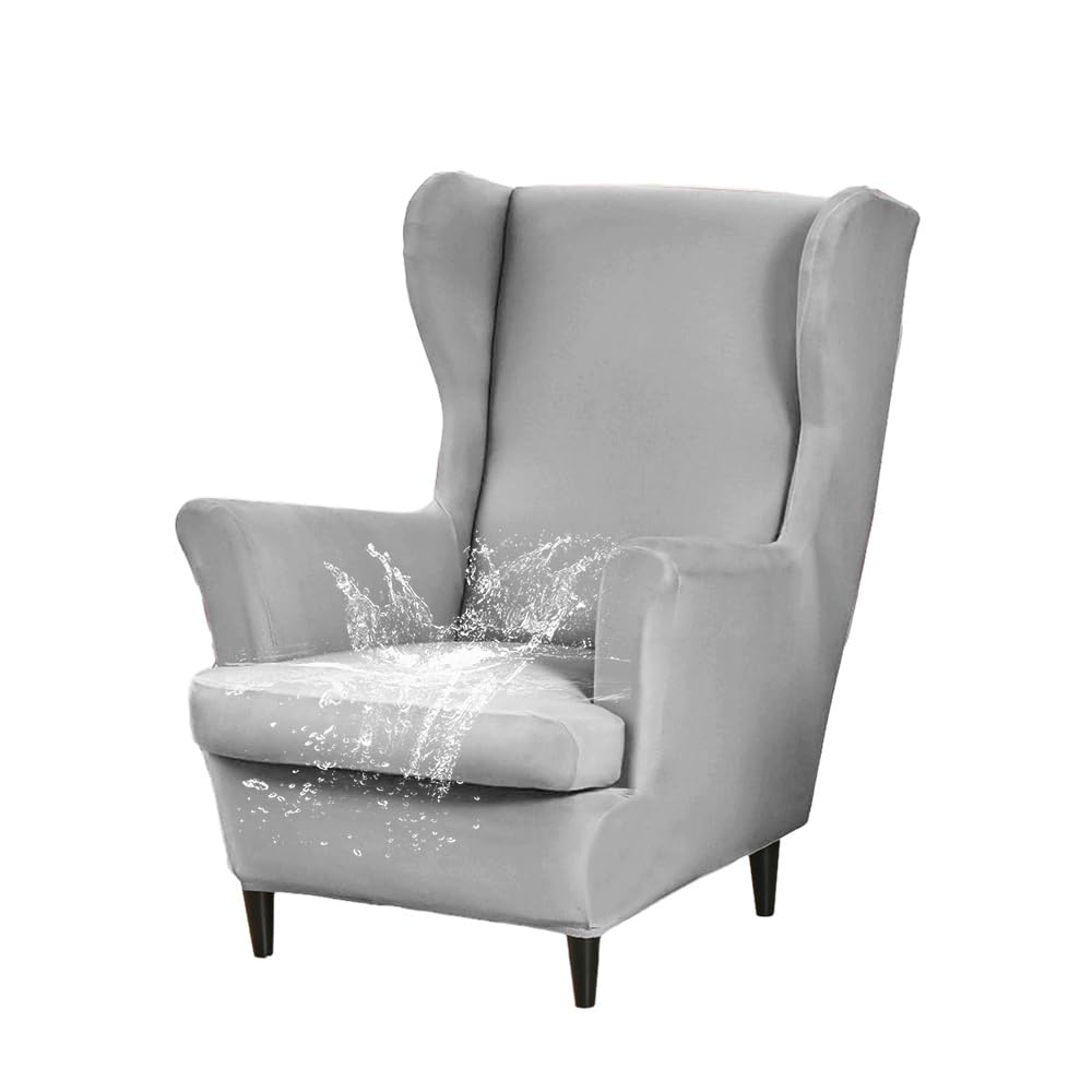 Wjhdwyd Gris Clair Waterproof Wingback Chair Cover 2 Pieces Armchair Cover With T-Cushion Cover, Solid Color Stretch Armchair Cover, For Hotel Living Room Bedroom(Gris Clair)