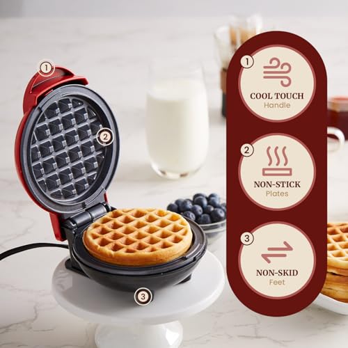 Image of Elite Gourmet EWM015R Electric Non-Stick Mini Waffle Maker, Belgian Waffle Maker, Compact Design, Hash Browns, Keto, Snacks, Sandwich, Egg, Easy to Clean, Red
