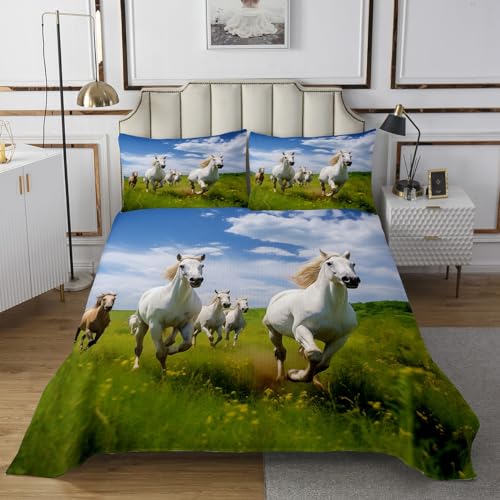 Homewish Dessus de Lit Chevaux 240x220 avec 2 Taies d'oreiller, Couvre-Lit Chevaux Galopant sur l'herbe, Couverture de Lit Design de La Nature, Jetés de Lit Vert Blanc Bleu