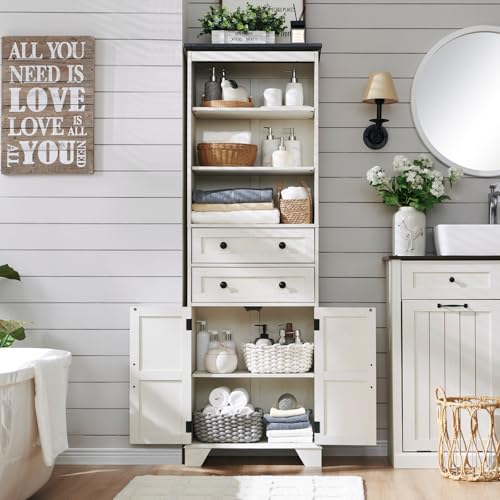 72-Tall-Bathroom-Storage-Cabinet-Farmhouse-Storage-Cabinet-with-2-Drawers-Adjustable-Shelves-Barn-Door-Cabinet-for-Bathroom-Living-Room-Kitchen-Off-White 72 Tall Bathroom Storage Cabinet Farmhouse Storage Cabinet with 2 Drawers Adjustable Shelves Barn Door Cabinet for Bathroom Living Room Kitchen Off White