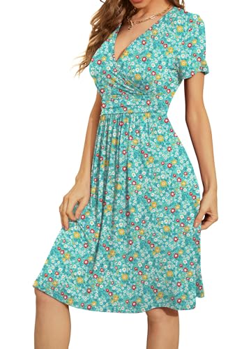 Image of WEACZZY Women's Summer Short Sleeve Casual Dresses V-Neck Floral Party Dress with Pockets