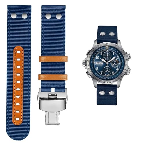 Image of INSTR For Hamilton Khaki aviation H77616533 H70615733 wind speed series nylon canvas Watch Strap Men WatchBand(Blue silver fold)