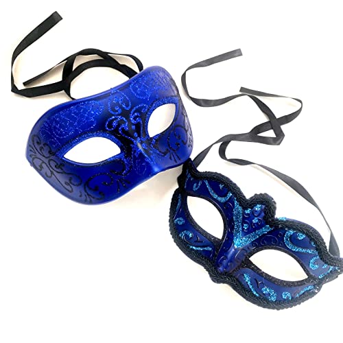 MASQSTUDIO Couples Masquerade Ball Mask Cosplay Mardi Gras Prom Dance Birthday Dad Daughters Party Wear or Cake Topper (Blue Silver)