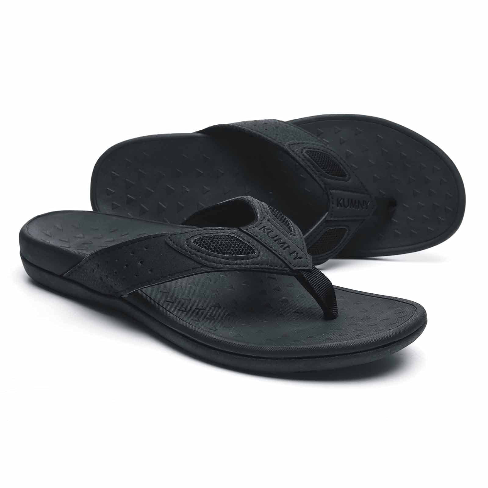 Mens Orthopedic Walking Sandals with Arch Support Flat Feet Flip Flops Thong for Plantar Fasciitis Casual Outdoor Sport pure black Size 9