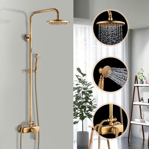 Sistema de ducha de latón antiguo, juego de ducha retro de lluvia con grifo, juego completo de ducha vintage Glod, altura regulable 100-150 cm