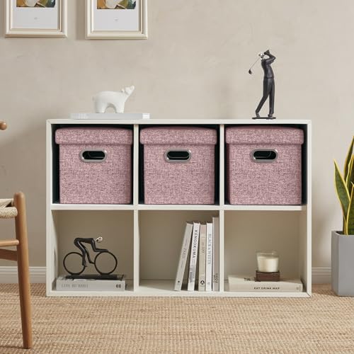 Ornavo Home Pink Foldable Storage Ottoman with Handles, 12 Inches Square Linen Seat