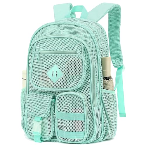 Mesh Backpack for Boys Girls Adults, Heavy Duty See Through School Bookbag for Outdoor, Beach, Swimming, Travel (Mint Green)
