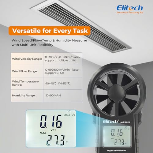 Image of Elitech ANE-200W HVAC Anemometer, Air Flow & Temp Meter with Bluetooth | Temperature Measurement, USB Data Export, Air Flow CFM /CMM Measurement, Drone Flights & HVAC Use