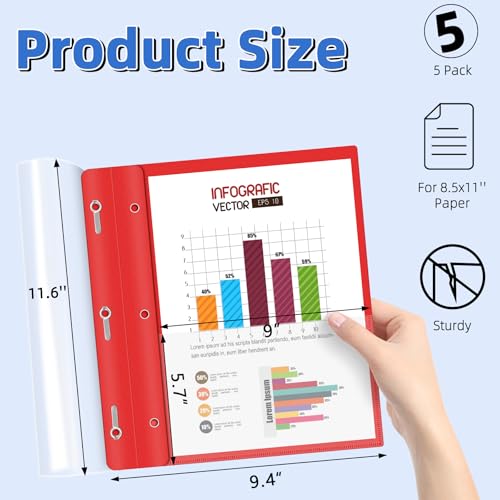Image of HAUTOCO 5 Pack Plastic Report Covers with 3-Prong Fasteners Clear Front Presentation Folders Resume Folders for 8.5x11 Letter Size Paper, Document Report Cover for School Office Business, Red