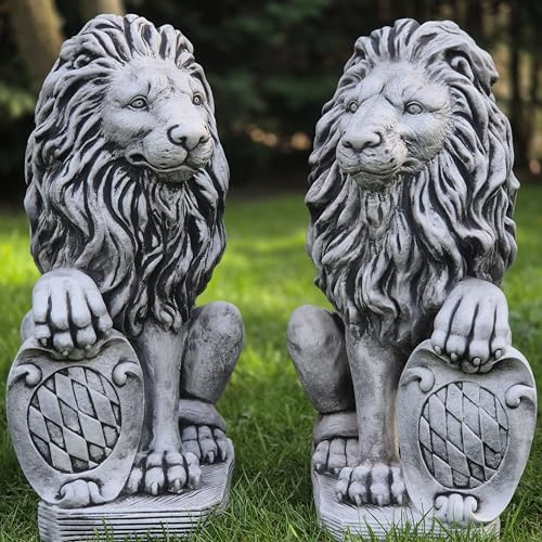 FABRIQ Paar große Löwen mit Schilden, groß Löwe mit Waffen, Links und rechts, 54 cm, 84 kg, Massive Figur, witterungsbeständig, Steinfigur, für Außenbereich, frostbeständig, Skulptur deko