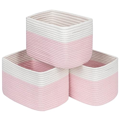 Image of Kriitools Pink Girls Baby Nursery Rope Toys Baskets , Decorative Woven Storage Baskets for Gift, Cubes Storage Organizer Baskets Bins, Closet Shelf Storage Baskets for Organizing
