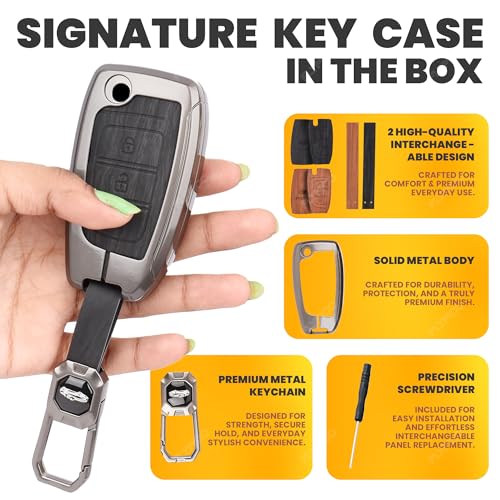 Image of Car Key Cover Compatible with Hyundai Verna 2024 2023 | i20 N line N6 Car 3-Button Smart Flip Key (Dual Leather Metal (Black & Brown))