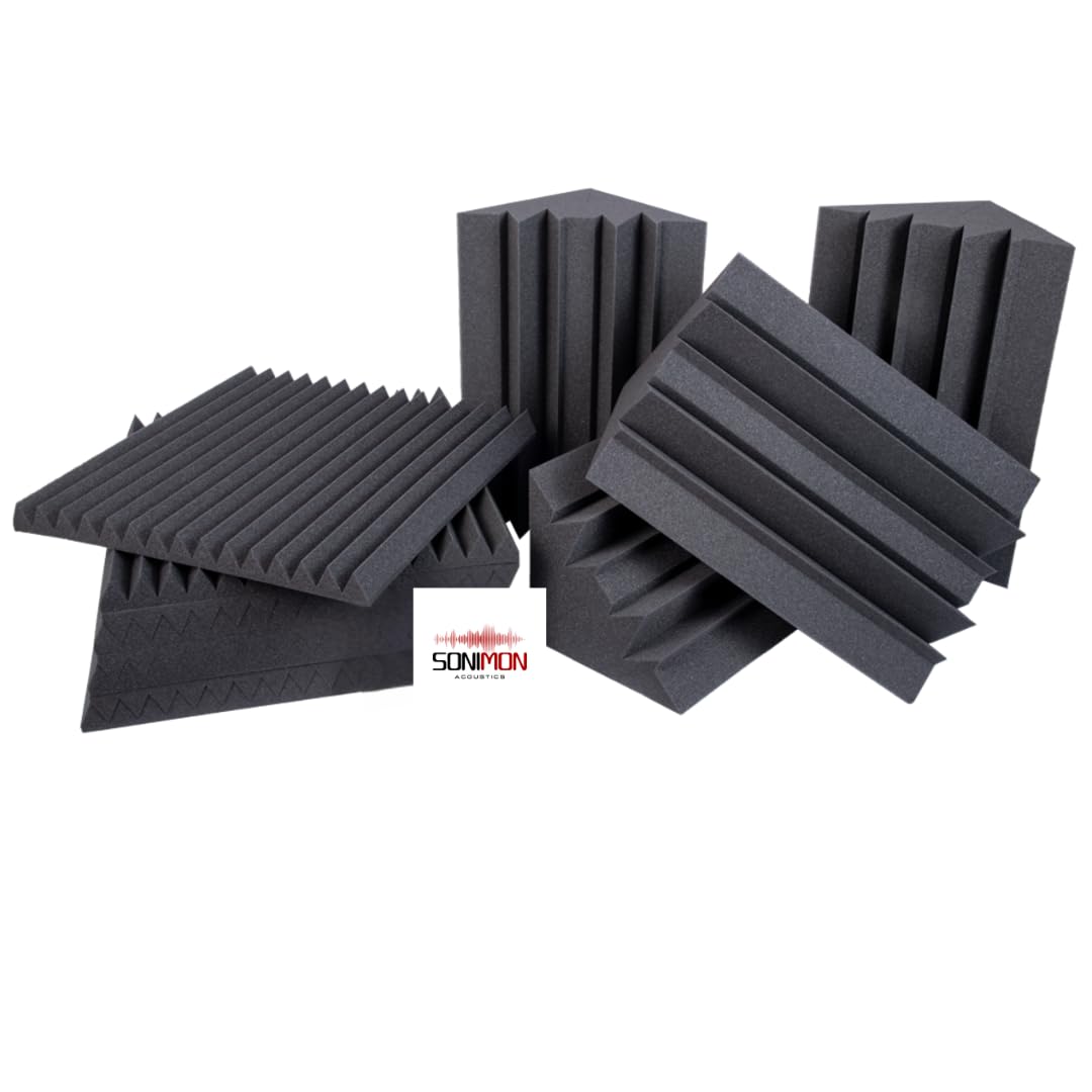 Sonimon Acoustic Espuma acustica Kit 8 Wedges Studiofoam 60 x 60 x 5 cm Paneles acusticos mas 4 Trampas de Graves LENRD cobertura 4,32 m2